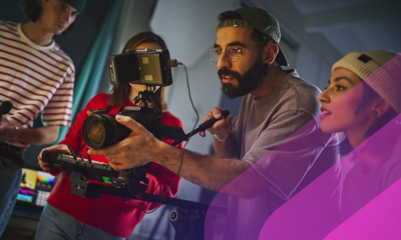 A film production crew working on set with a professional camera, representing Phrase Studio's video and multimedia localization capabilities for global content teams.