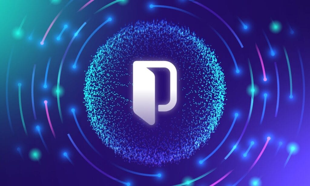 Phrase logo centered within glowing particle circle surrounded by dynamic blue and teal light trails on purple background