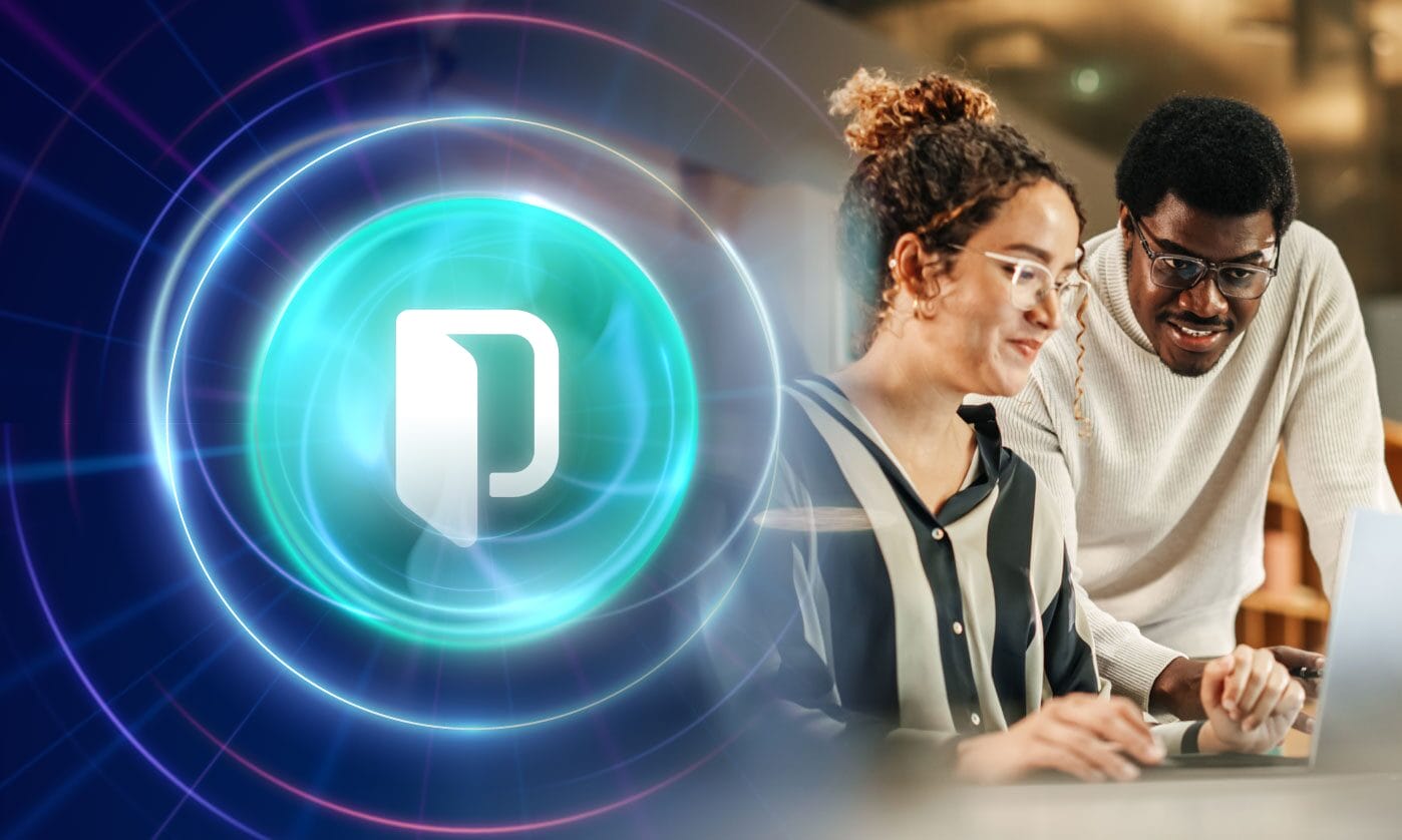 Two colleagues collaborating at a laptop alongside the Phrase platform logo, representing the Phrase localization platform for global software teams.