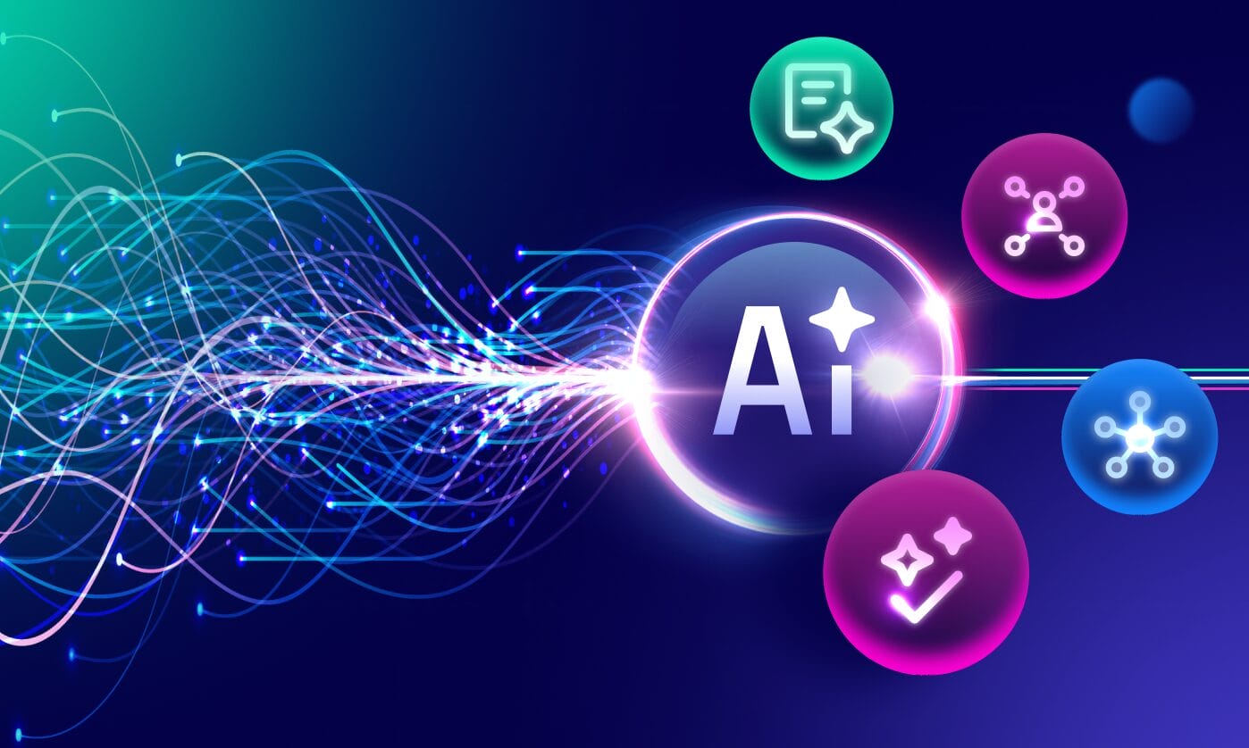 Abstract illustration of AI-powered translation capabilities in the Phrase platform, showing interconnected features including translation, workflow automation, and quality review.