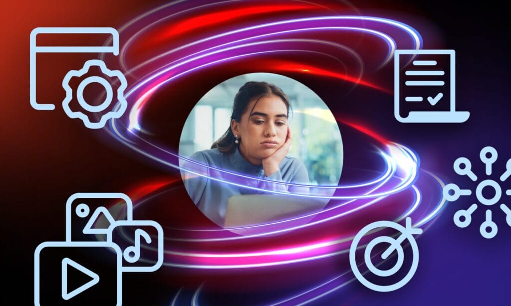 Woman working on laptop surrounded by swirling neon lights and localization platform icons including settings, documents, media files, and workflow symbols