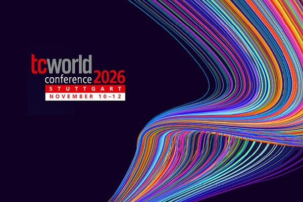 tcworld conference 2026 logo with colorful flowing ribbons on dark purple background, Stuttgart November 10-12