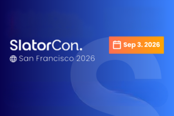 SlatorCon conference banner with blue gradient background, white logo text, San Francisco 2026 location, and orange date badge showing Sep 3, 2026